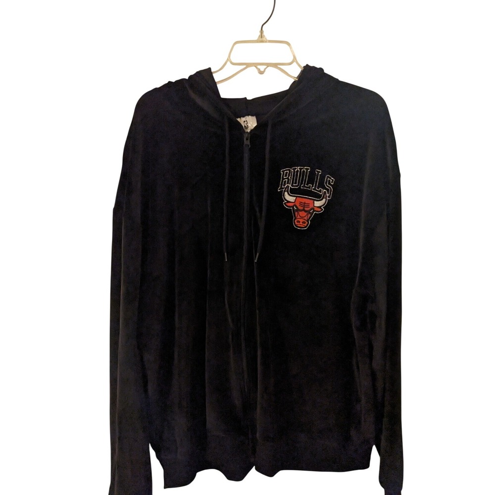 NBA Chicago Bulls Velour Zip Up Hoodie Black XXL Embroidered Logo‎
